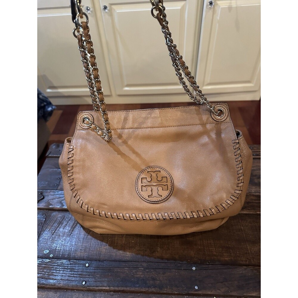 Tory Burch Marion Whipstitch Saddle Bag Tan Leather 2-way Bag Soft - Picture 2 of 10